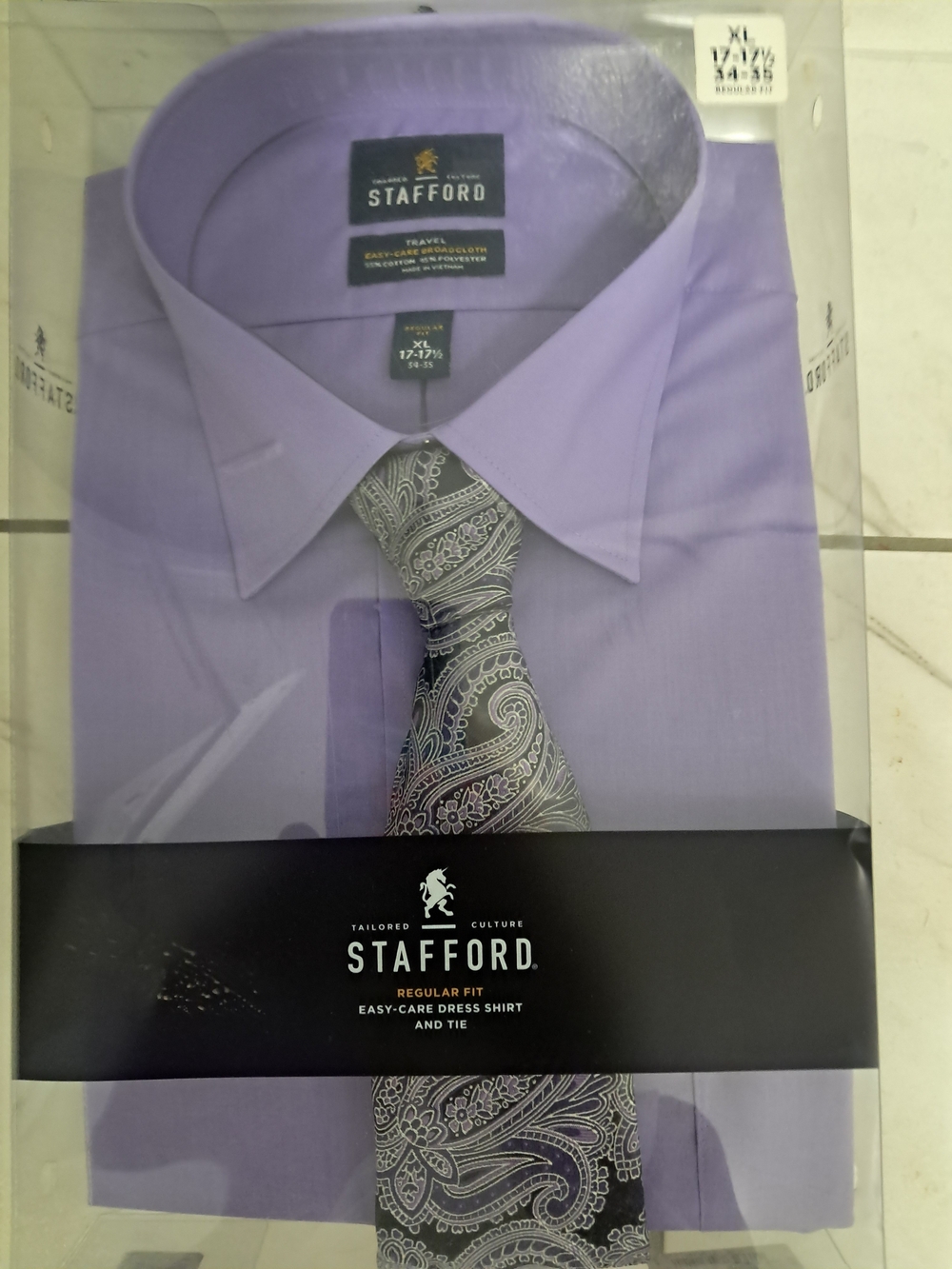 Stafford Men’s Lavender Dress Shirt with Gray Paisley Tie New In Box 17/17.5